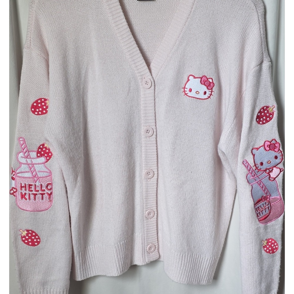 Hello Kitty by Sanrio Womens Sweater MD Pink Knit Button V-Neck Cardigan